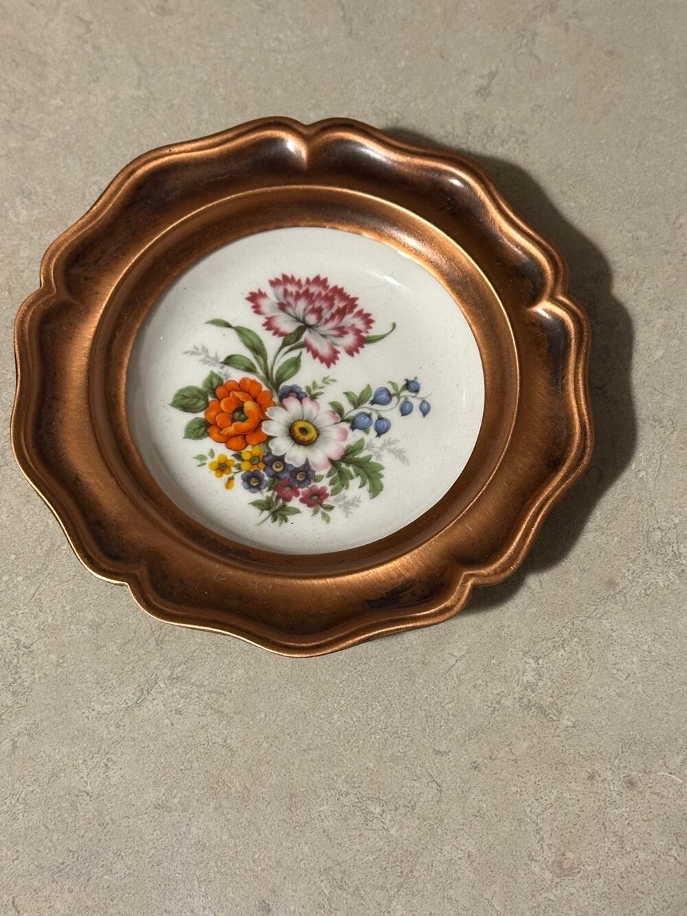Albert Gilles Cuivres Solid Copper Floral Porcelain Mini Wall Hanging Plate
